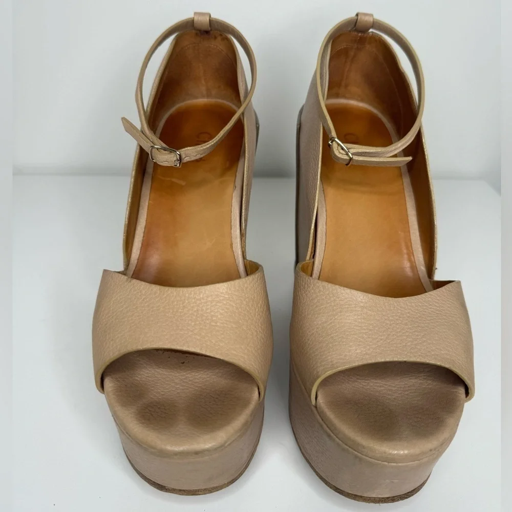 Chloe Beige Leather Platform Sandals Sz 40.5
